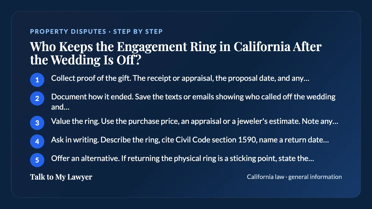 Step-by-step card: 5 steps, starting with "Collect proof of the gift. The receipt or appraisal, the proposal date, and any messages…"