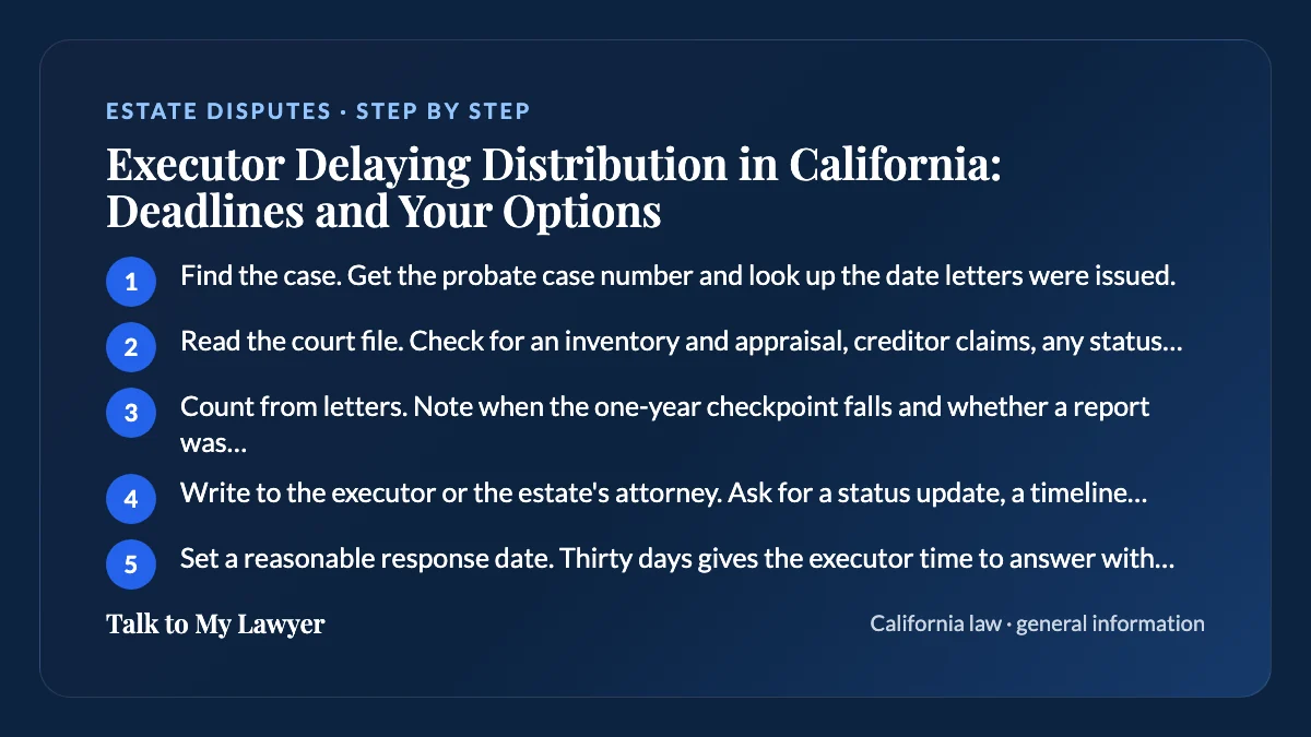 Step-by-step card: 5 steps, starting with "Find the case. Get the probate case number and look up the date letters were issued"