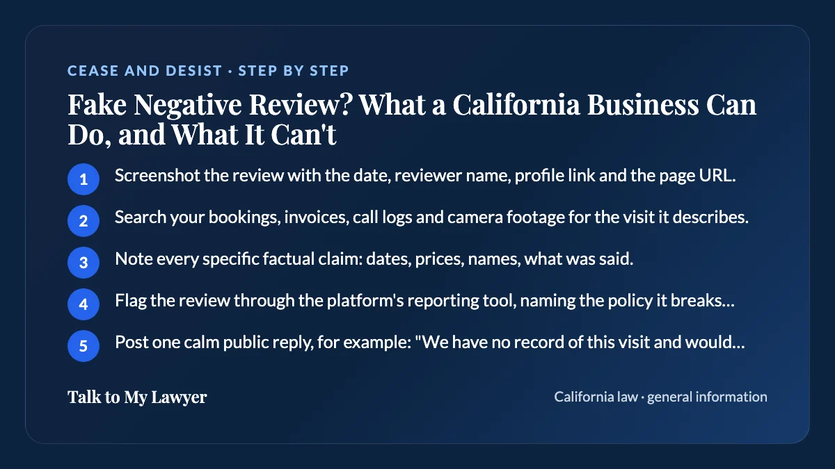Step-by-step card: 5 steps, starting with "Screenshot the review with the date, reviewer name, profile link and the page URL"