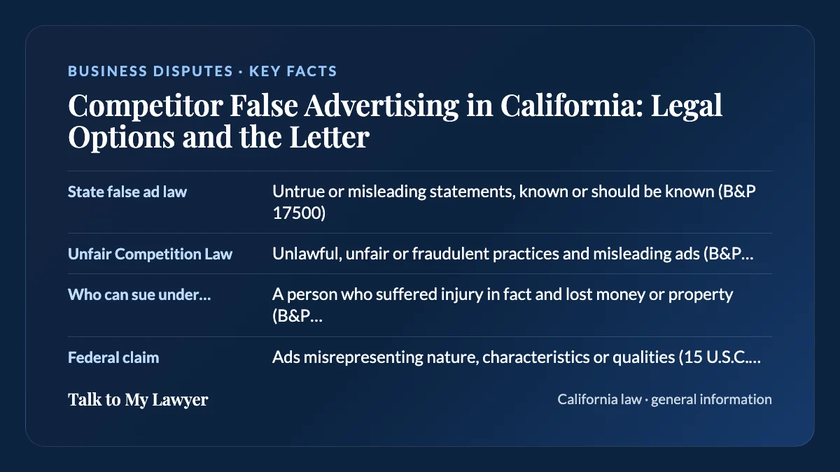 Key facts card: State false ad law; Unfair Competition Law; Who can sue under state law; Federal claim