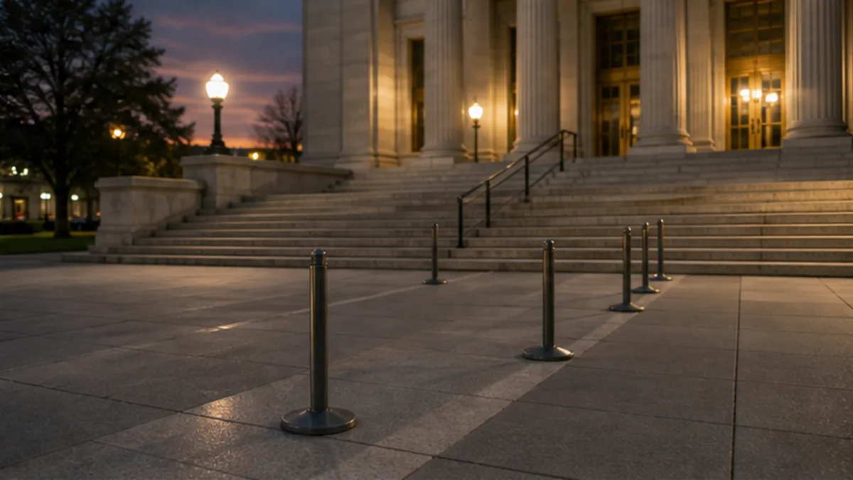 Final Demand Letter Before a Lawsuit photo showing courthouse steps at dusk with a final filing route marked by posts