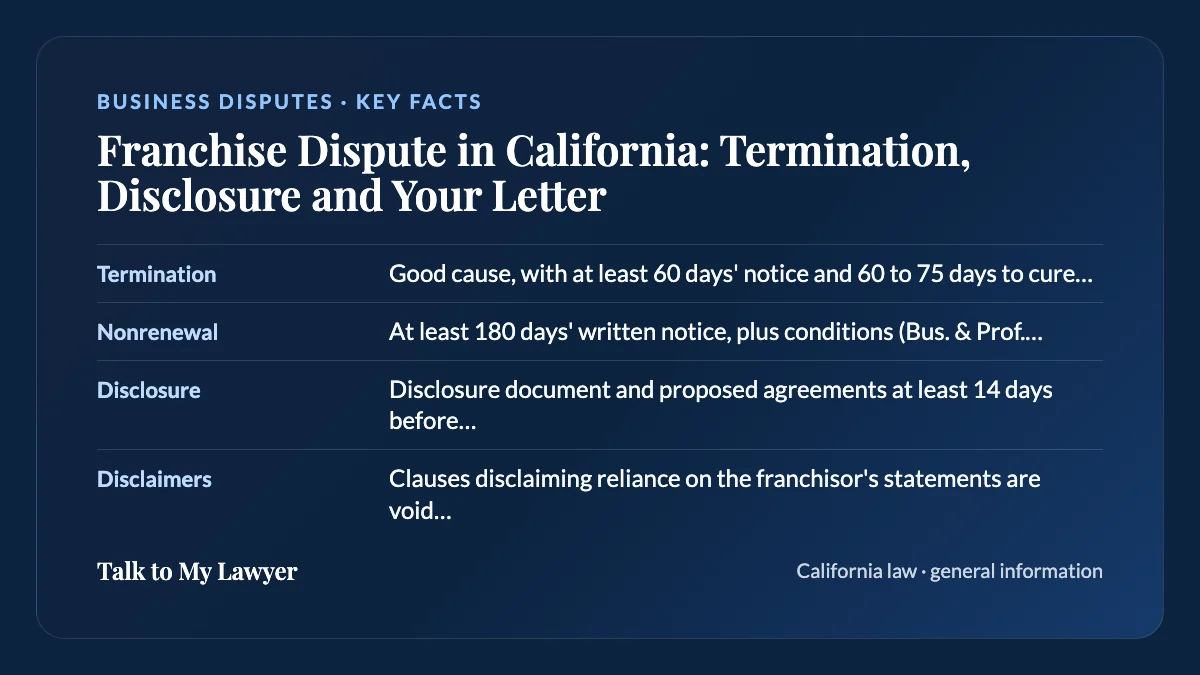 Key facts card: Termination; Nonrenewal; Disclosure; Disclaimers