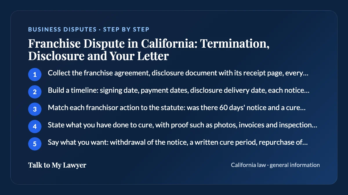 Step-by-step card: 5 steps, starting with "Collect the franchise agreement, disclosure document with its receipt page, every notice…"