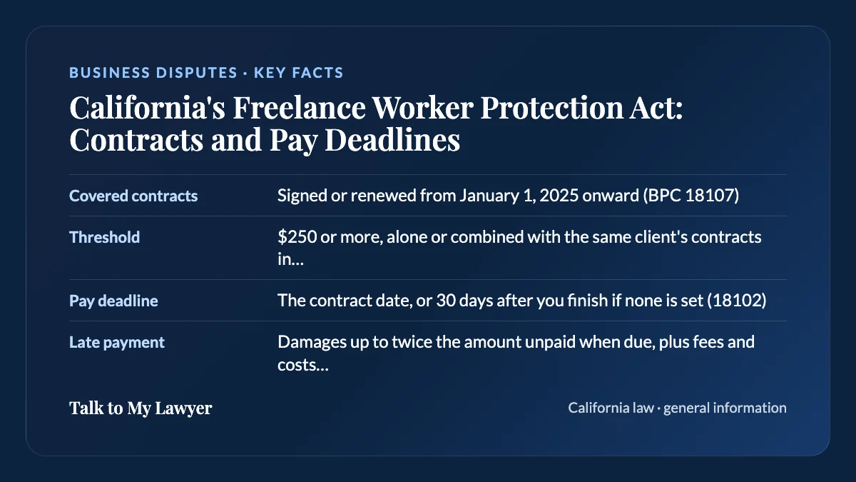 Key facts card: Covered contracts; Threshold; Pay deadline; Late payment