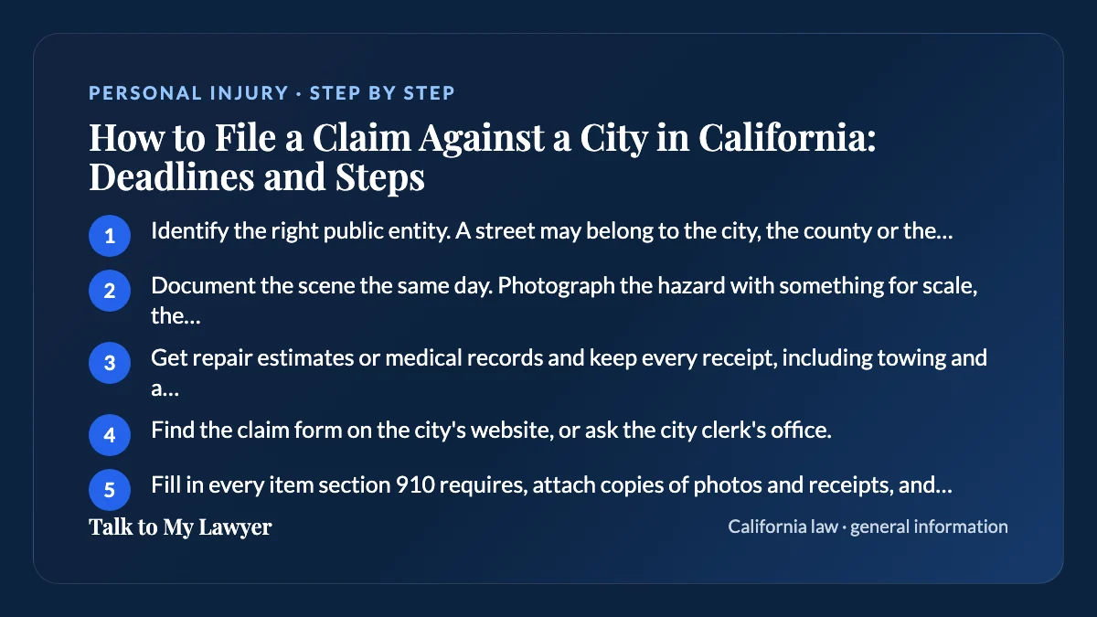 Step-by-step card: 5 steps, starting with "Identify the right public entity. A street may belong to the city, the county or the…"