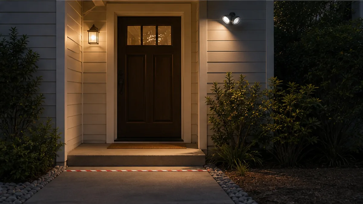 Harassment Cease and Desist Letter Guide photo showing front entry with safety light, closed door, and no-contact boundary