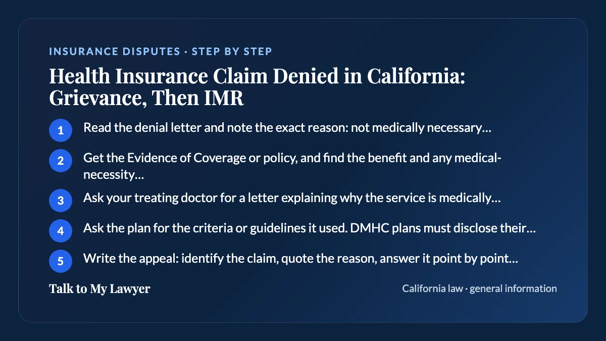 Step-by-step card: 5 steps, starting with "Read the denial letter and note the exact reason: not medically necessary, experimental,…"