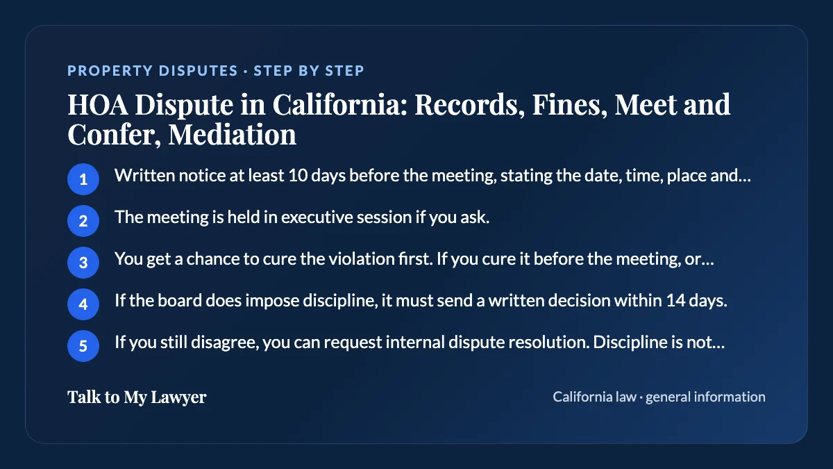 Step-by-step card: 5 steps, starting with "Written notice at least 10 days before the meeting, stating the date, time, place and the…"