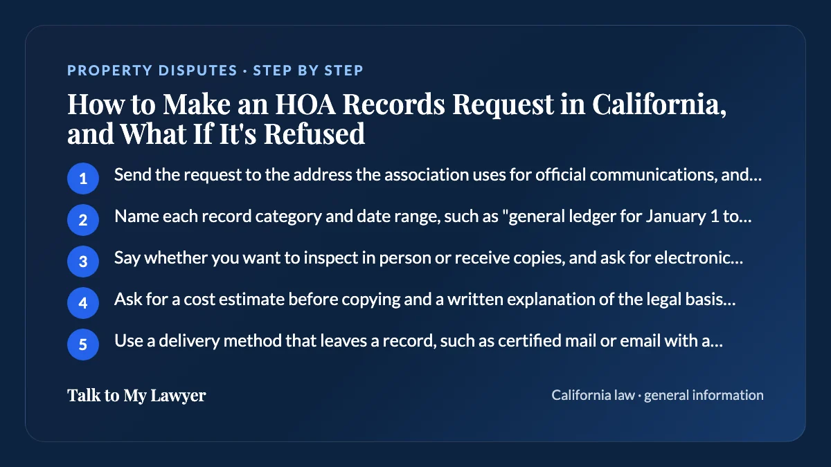 Step-by-step card: 5 steps, starting with "Send the request to the address the association uses for official communications, and keep…"