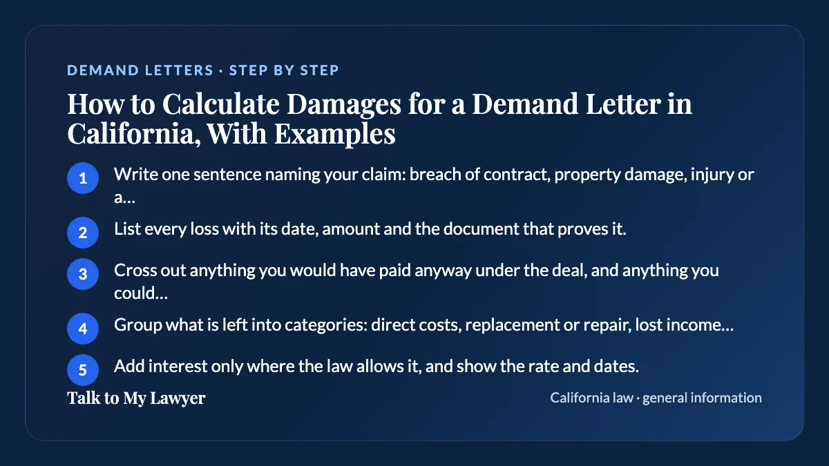 Step-by-step card: 5 steps, starting with "Write one sentence naming your claim: breach of contract, property damage, injury or a…"