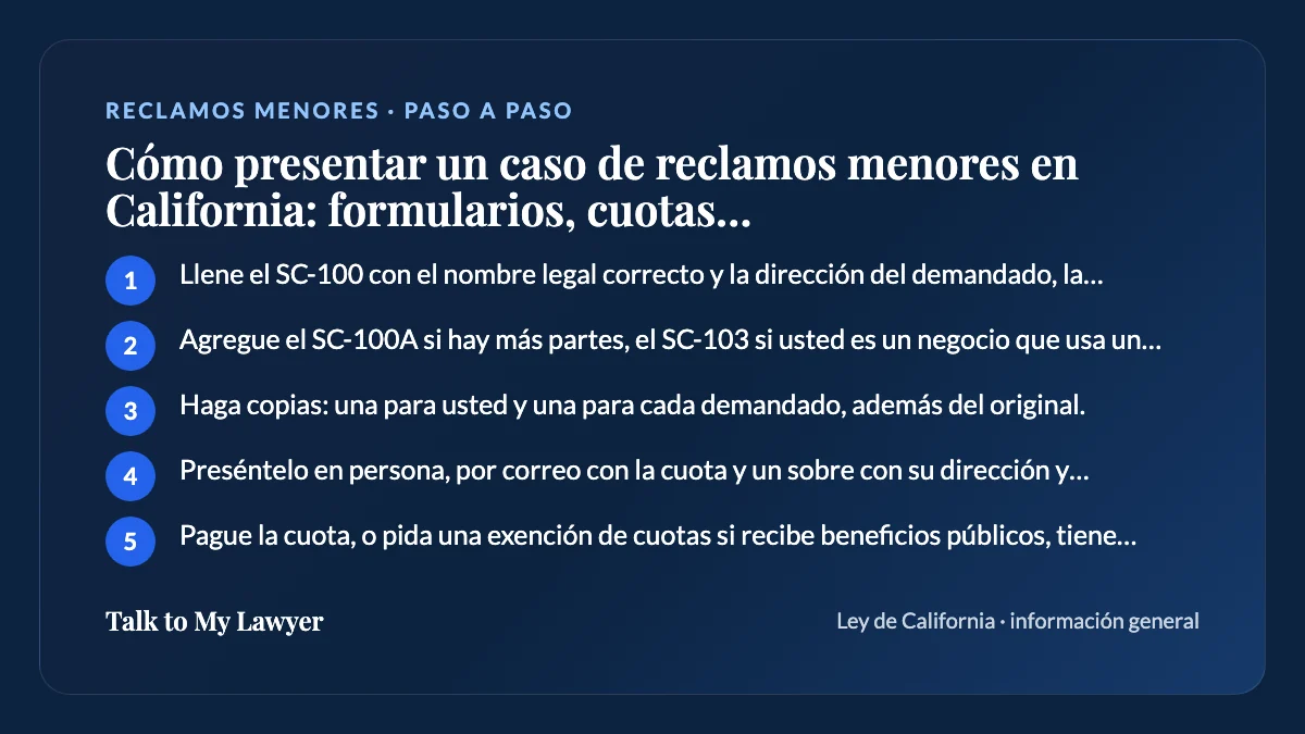 Tarjeta paso a paso: 5 pasos, empezando por "Llene el SC-100 con el nombre legal correcto y la dirección del demandado, la cantidad,…"