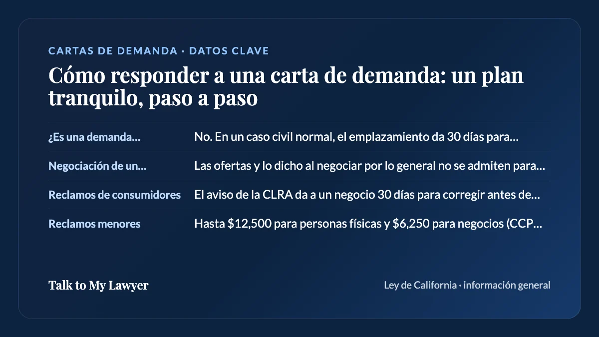Tarjeta de datos clave: ¿Es una demanda judicial?; Negociación de un arreglo; Reclamos de consumidores; Reclamos menores