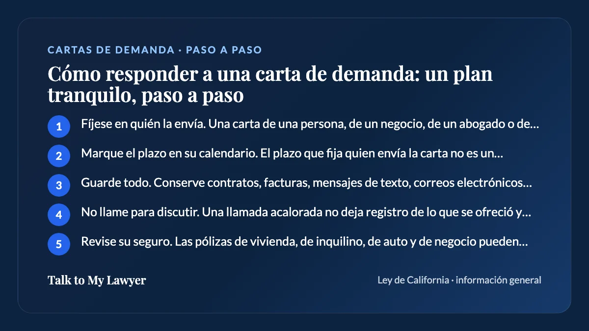 Tarjeta paso a paso: 5 pasos, empezando por "Fíjese en quién la envía. Una carta de una persona, de un negocio, de un abogado o de un…"