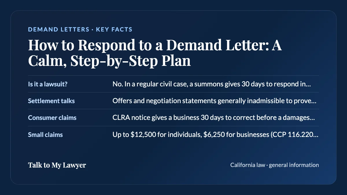 Key facts card: Is it a lawsuit?; Settlement talks; Consumer claims; Small claims