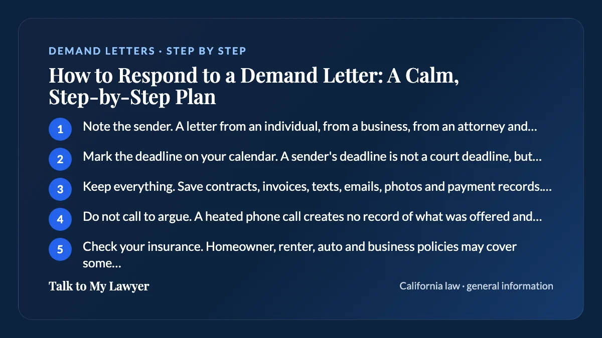 Step-by-step card: 5 steps, starting with "Note the sender. A letter from an individual, from a business, from an attorney and from a…"