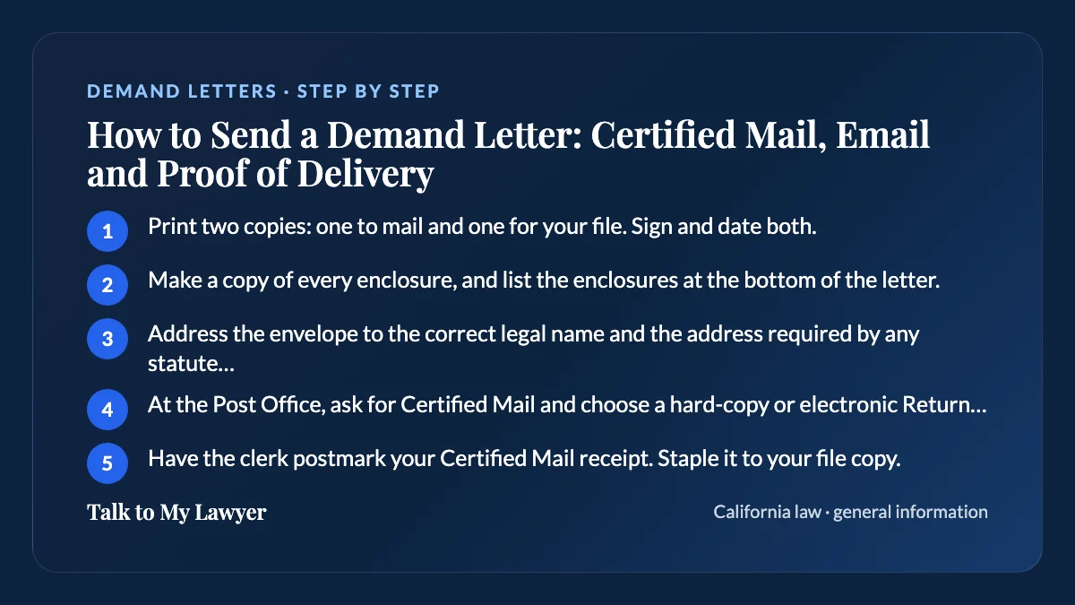 Step-by-step card: 5 steps, starting with "Print two copies: one to mail and one for your file. Sign and date both"