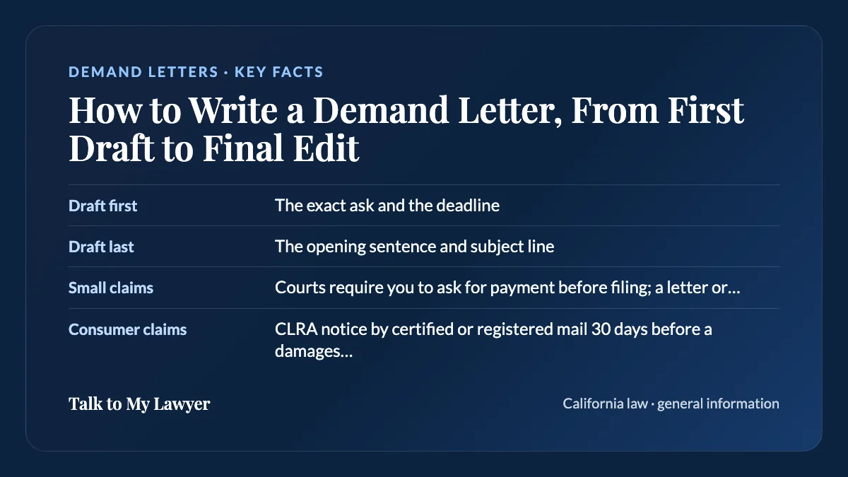 Key facts card: Draft first; Draft last; Small claims; Consumer claims