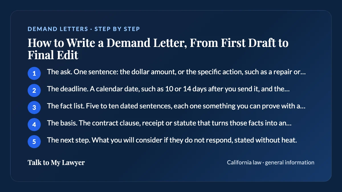 Step-by-step card: 5 steps, starting with "The ask. One sentence: the dollar amount, or the specific action, such as a repair or a…"