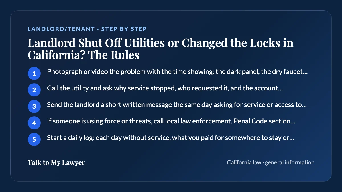 Step-by-step card: 5 steps, starting with "Photograph or video the problem with the time showing: the dark panel, the dry faucet, the…"