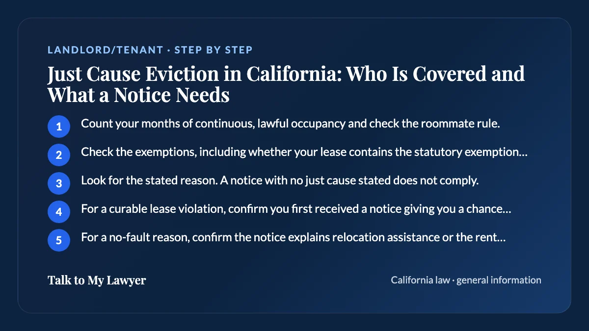 Step-by-step card: 5 steps, starting with "Count your months of continuous, lawful occupancy and check the roommate rule"