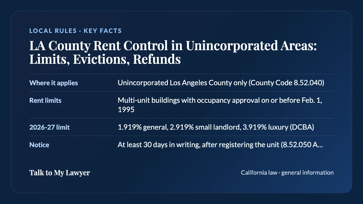 Key facts card: Where it applies; Rent limits; 2026-27 limit; Notice