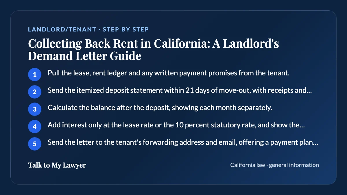 Step-by-step card: 5 steps, starting with "Pull the lease, rent ledger and any written payment promises from the tenant"