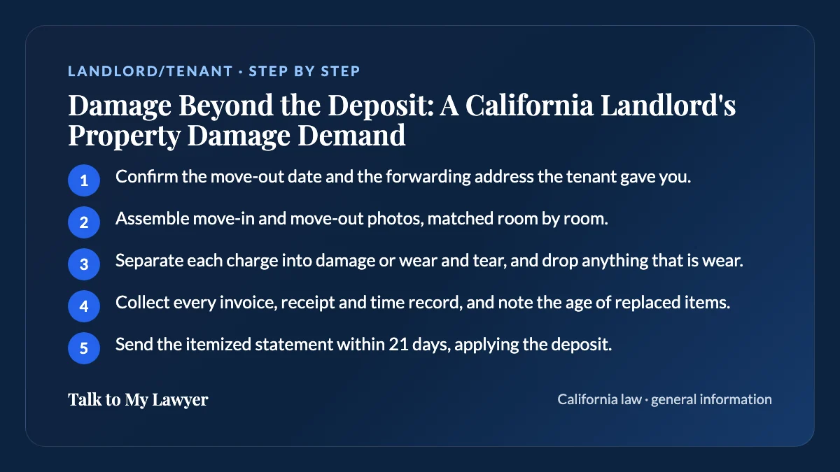 Step-by-step card: 5 steps, starting with "Confirm the move-out date and the forwarding address the tenant gave you"