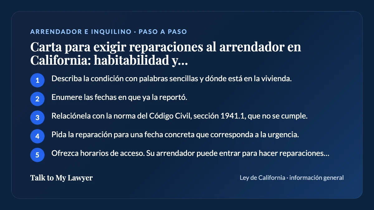 Tarjeta paso a paso: 5 pasos, empezando por "Describa la condición con palabras sencillas y dónde está en la vivienda"
