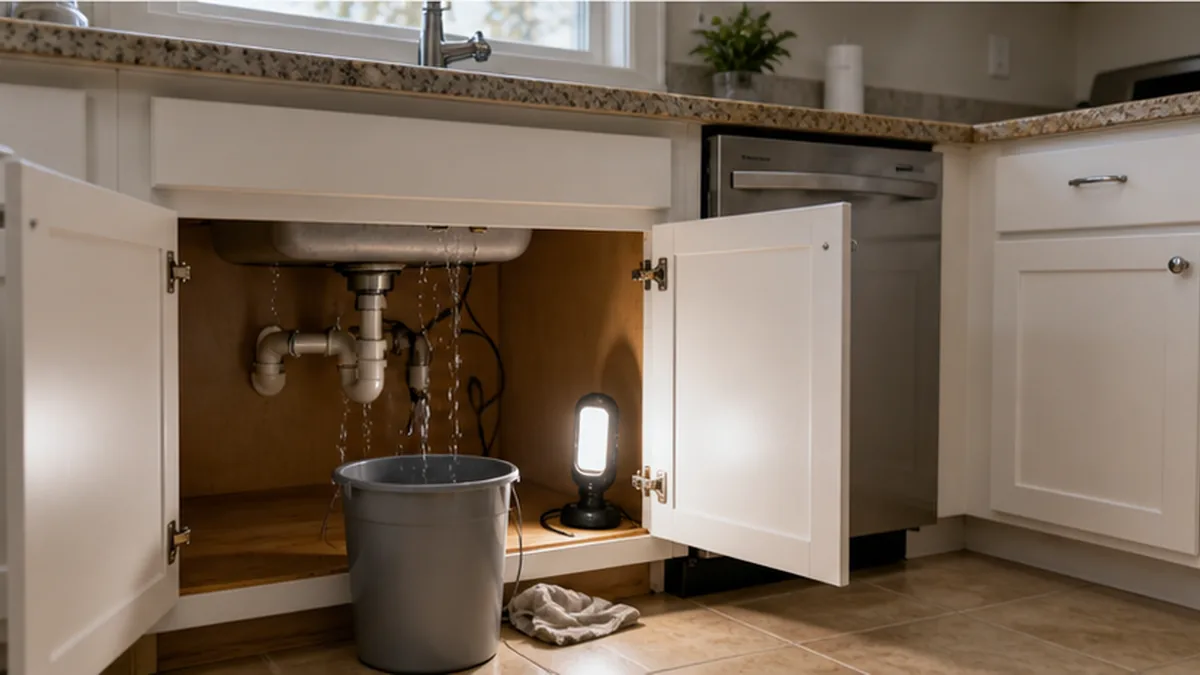 California Landlord Repair Demand Letter photo showing rental kitchen with leak path, repair light, and access window