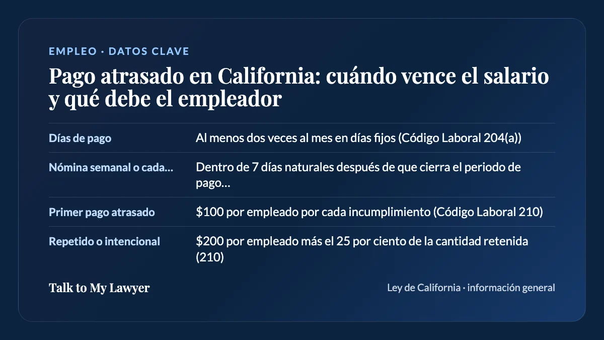 Tarjeta de datos clave: Días de pago; Nómina semanal o cada dos semanas; Primer pago atrasado; Repetido o intencional