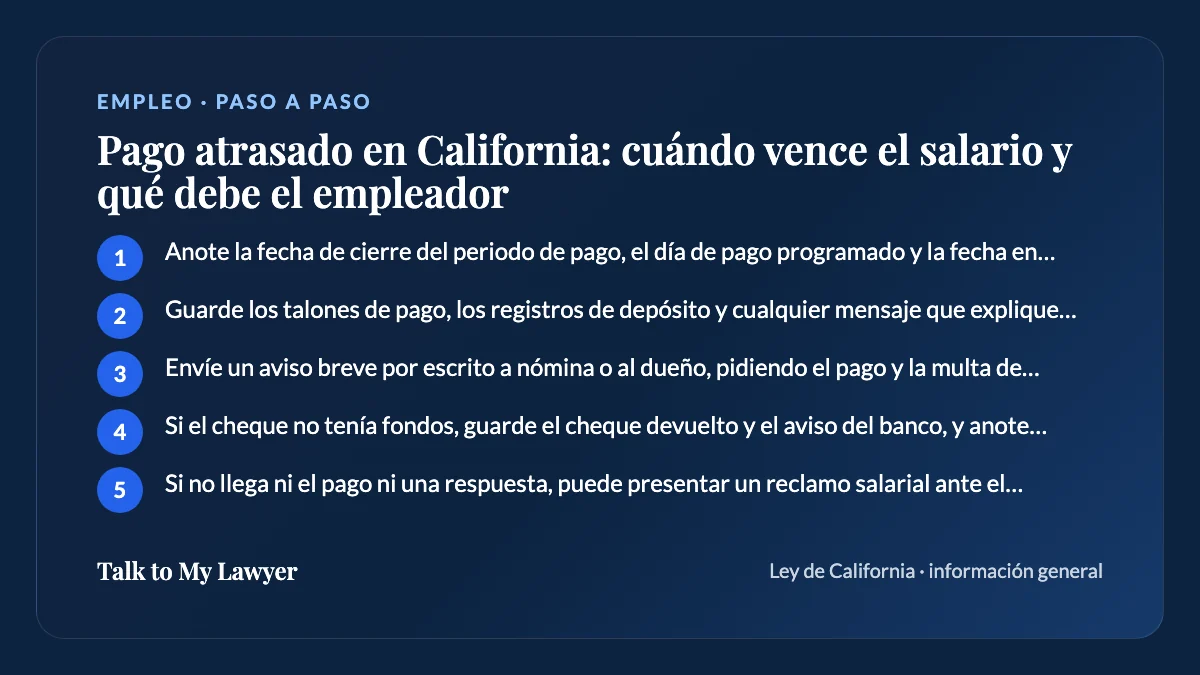Tarjeta paso a paso: 5 pasos, empezando por "Anote la fecha de cierre del periodo de pago, el día de pago programado y la fecha en…"