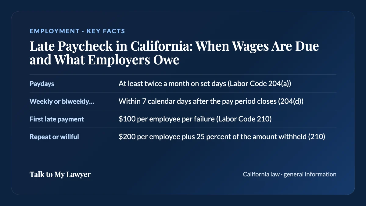 Key facts card: Paydays; Weekly or biweekly payroll; First late payment; Repeat or willful