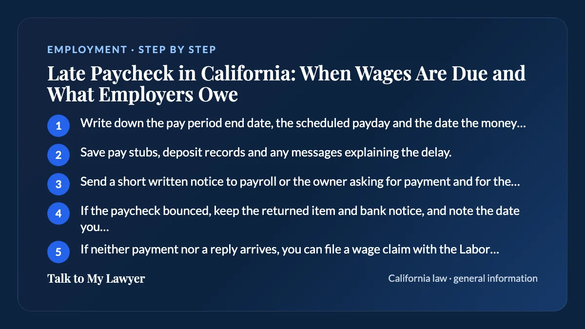 Step-by-step card: 5 steps, starting with "Write down the pay period end date, the scheduled payday and the date the money actually…"