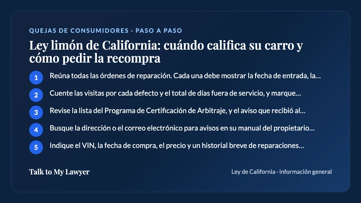Tarjeta paso a paso: 5 pasos, empezando por "Reúna todas las órdenes de reparación. Cada una debe mostrar la fecha de entrada, la…"