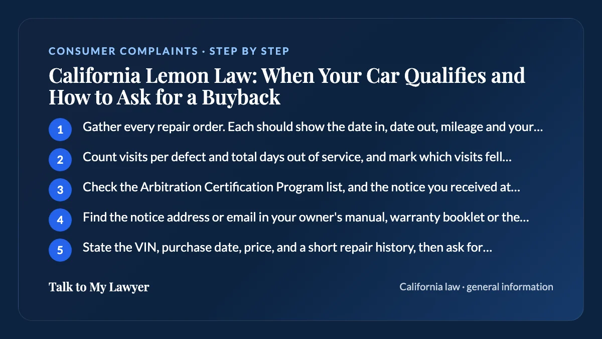 Step-by-step card: 5 steps, starting with "Gather every repair order. Each should show the date in, date out, mileage and your…"