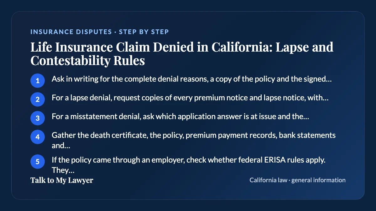 Step-by-step card: 5 steps, starting with "Ask in writing for the complete denial reasons, a copy of the policy and the signed…"