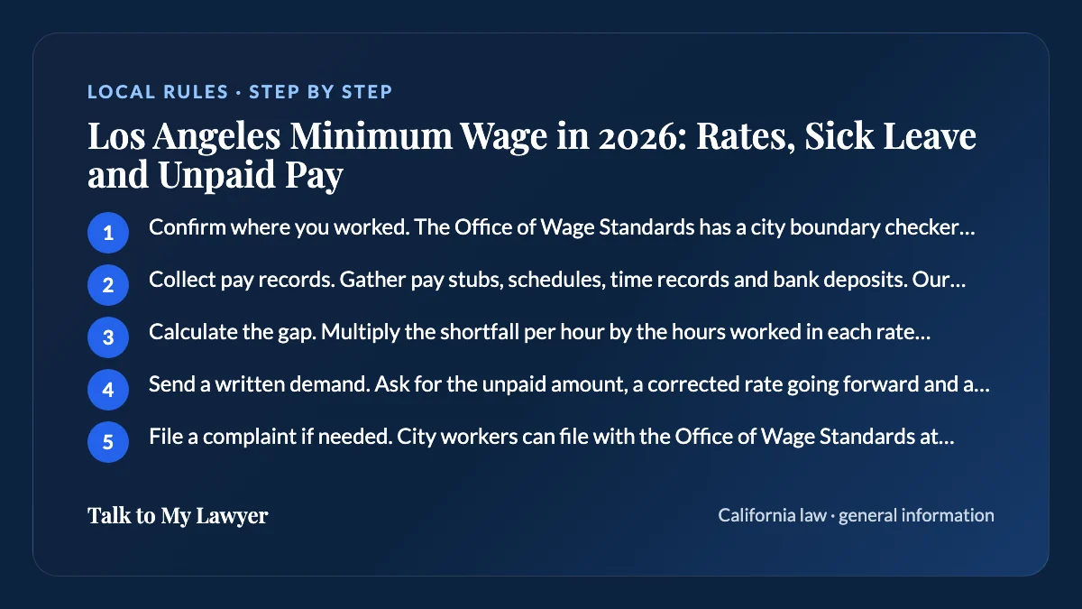 Step-by-step card: 5 steps, starting with "Confirm where you worked. The Office of Wage Standards has a city boundary checker, and…"