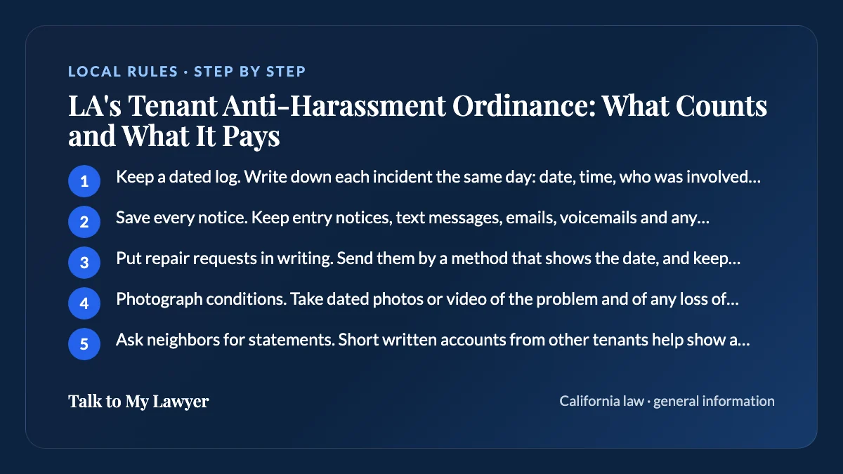 Step-by-step card: 5 steps, starting with "Keep a dated log. Write down each incident the same day: date, time, who was involved,…"