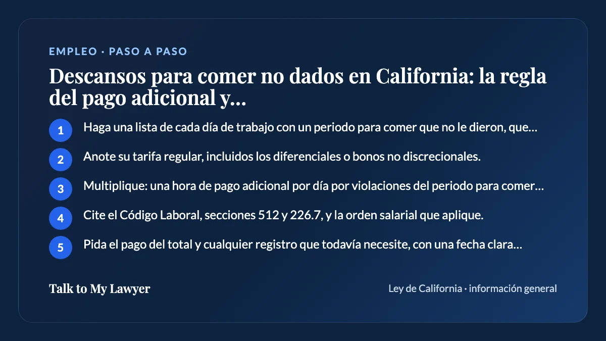 Tarjeta paso a paso: 5 pasos, empezando por "Haga una lista de cada día de trabajo con un periodo para comer que no le dieron, que…"