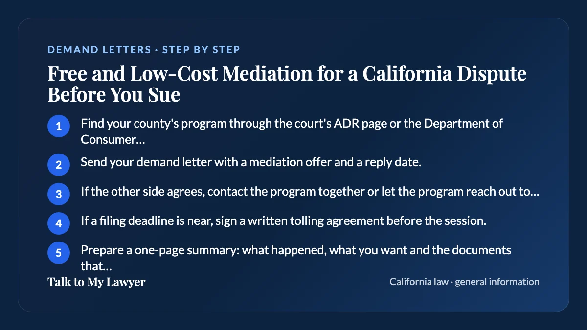 Step-by-step card: 5 steps, starting with "Find your county's program through the court's ADR page or the Department of Consumer…"