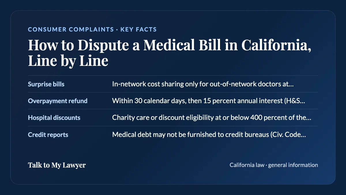 Key facts card: Surprise bills; Overpayment refund; Hospital discounts; Credit reports