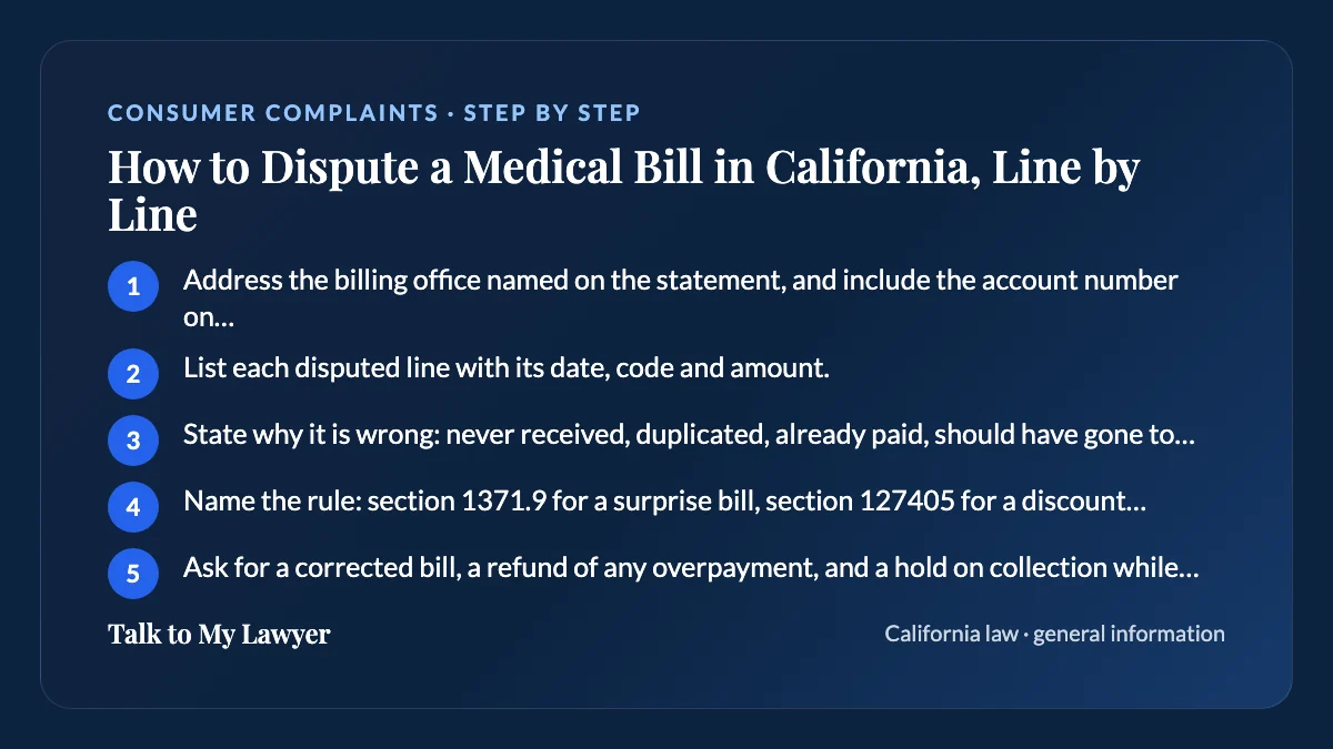 Step-by-step card: 5 steps, starting with "Address the billing office named on the statement, and include the account number on every…"