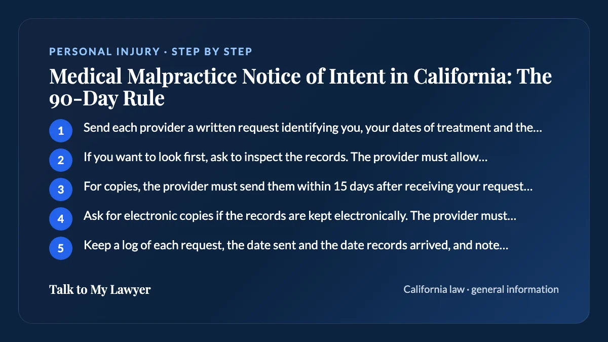 Step-by-step card: 5 steps, starting with "Send each provider a written request identifying you, your dates of treatment and the…"
