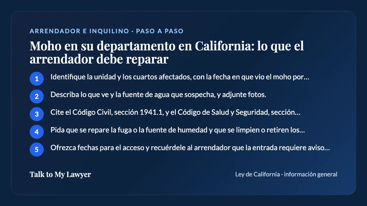 Tarjeta paso a paso: 5 pasos, empezando por "Identifique la unidad y los cuartos afectados, con la fecha en que vio el moho por…"