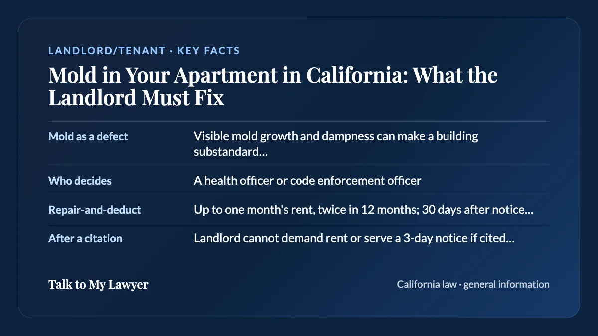 Key facts card: Mold as a defect; Who decides; Repair-and-deduct; After a citation