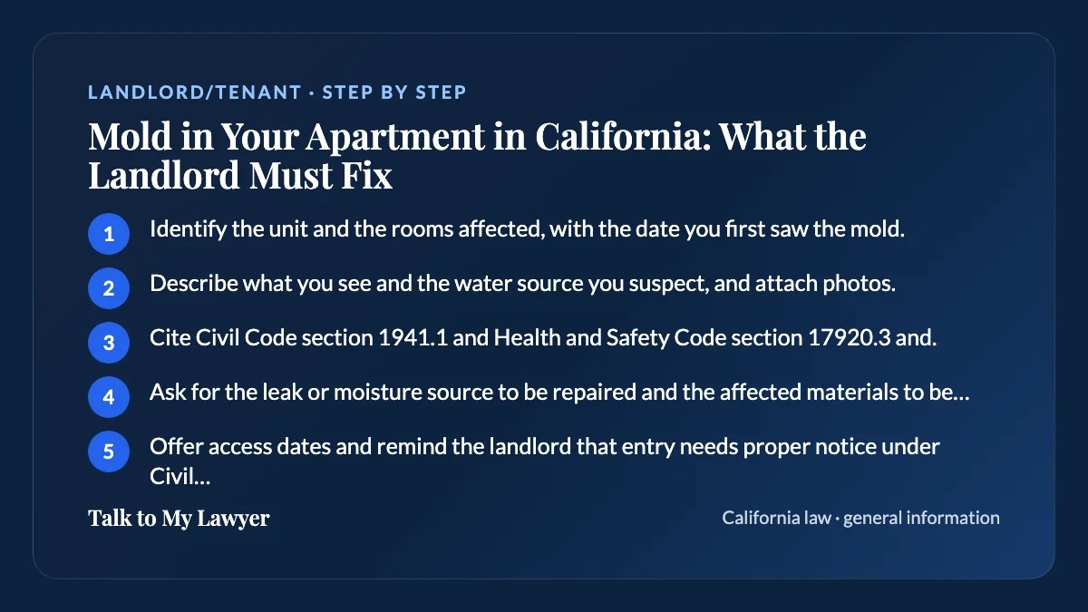 Step-by-step card: 5 steps, starting with "Identify the unit and the rooms affected, with the date you first saw the mold"
