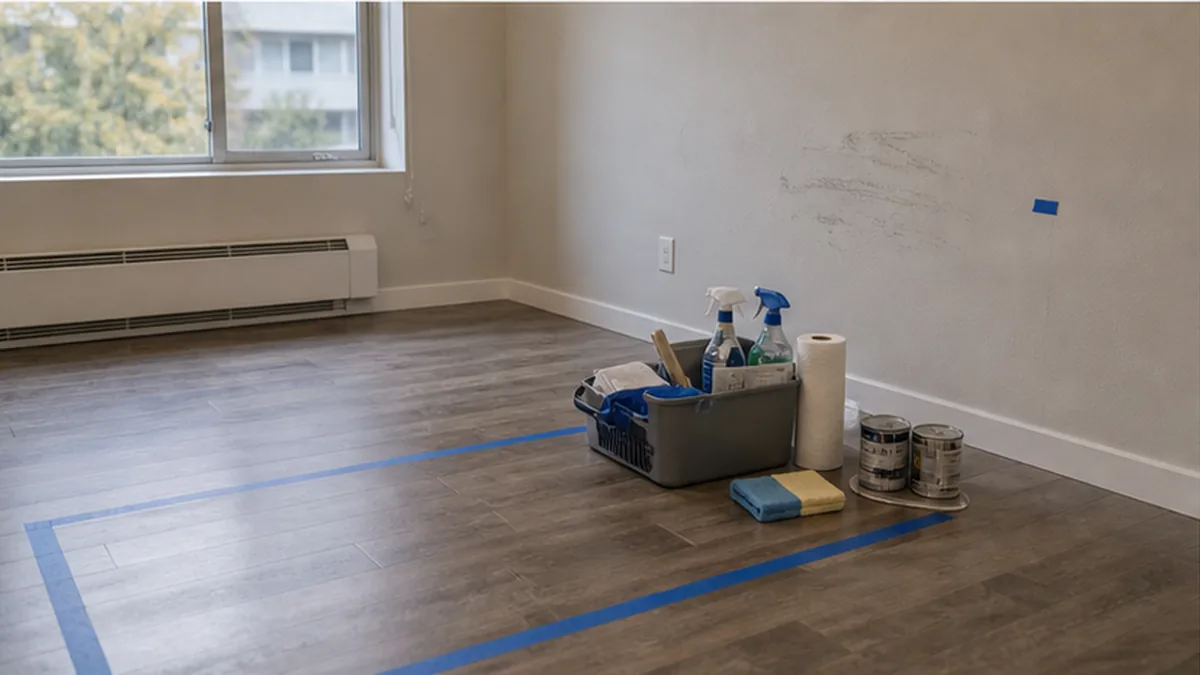 Move-Out Charges Dispute Letter photo showing vacant room with wall scuff, cleaning kit, and inspection path
