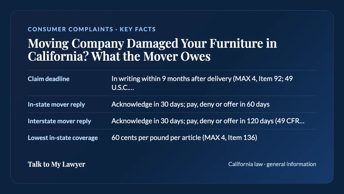 Key facts card: Claim deadline; In-state mover reply; Interstate mover reply; Lowest in-state coverage