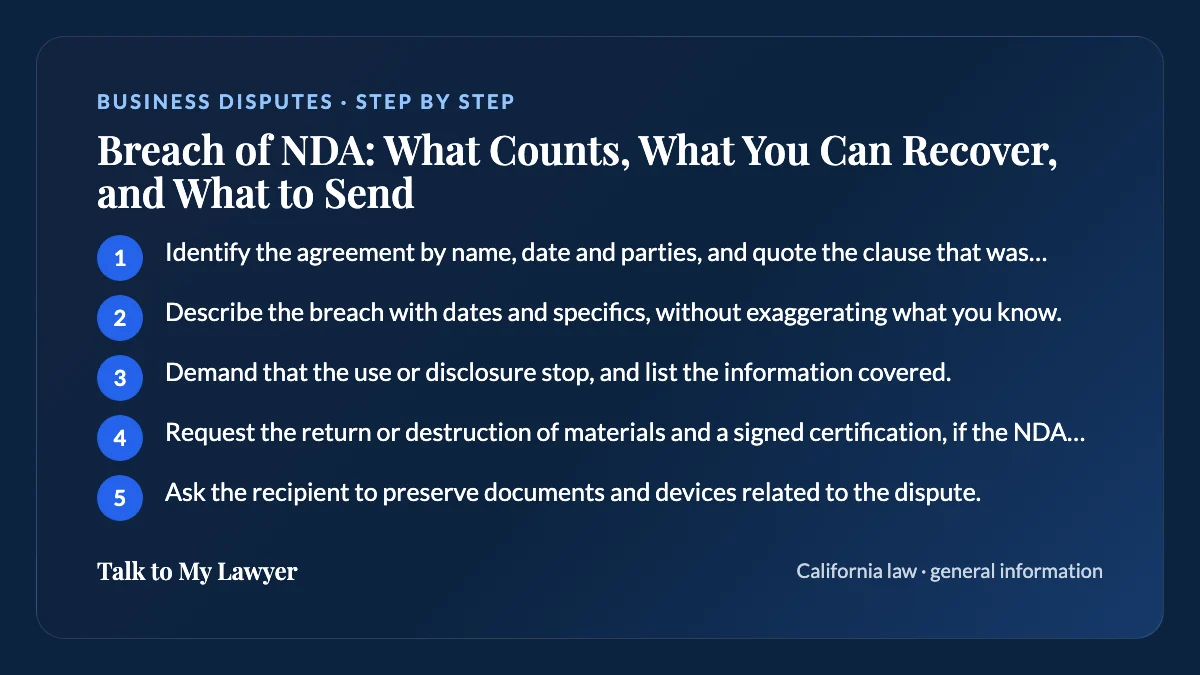 Step-by-step card: 5 steps, starting with "Identify the agreement by name, date and parties, and quote the clause that was breached"