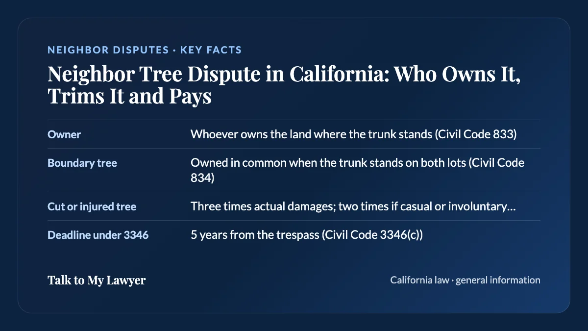 Key facts card: Owner; Boundary tree; Cut or injured tree; Deadline under 3346